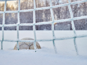 Snowy soccer field in December, frost and cold weather